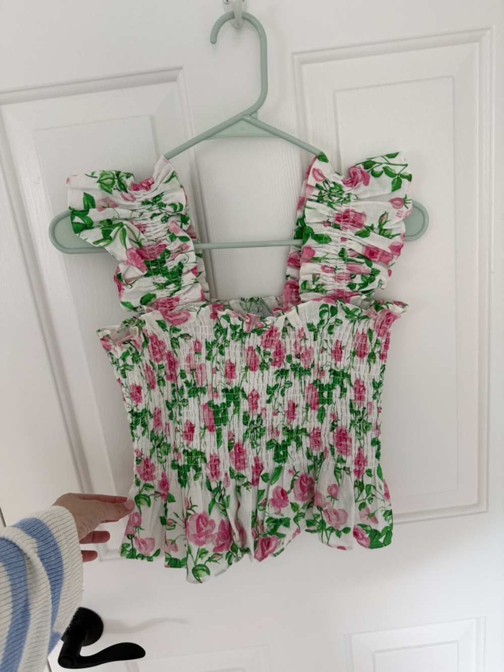 Hill House The Paz Floral Smocked Ruffle Strap Tank - White, Pink & Green